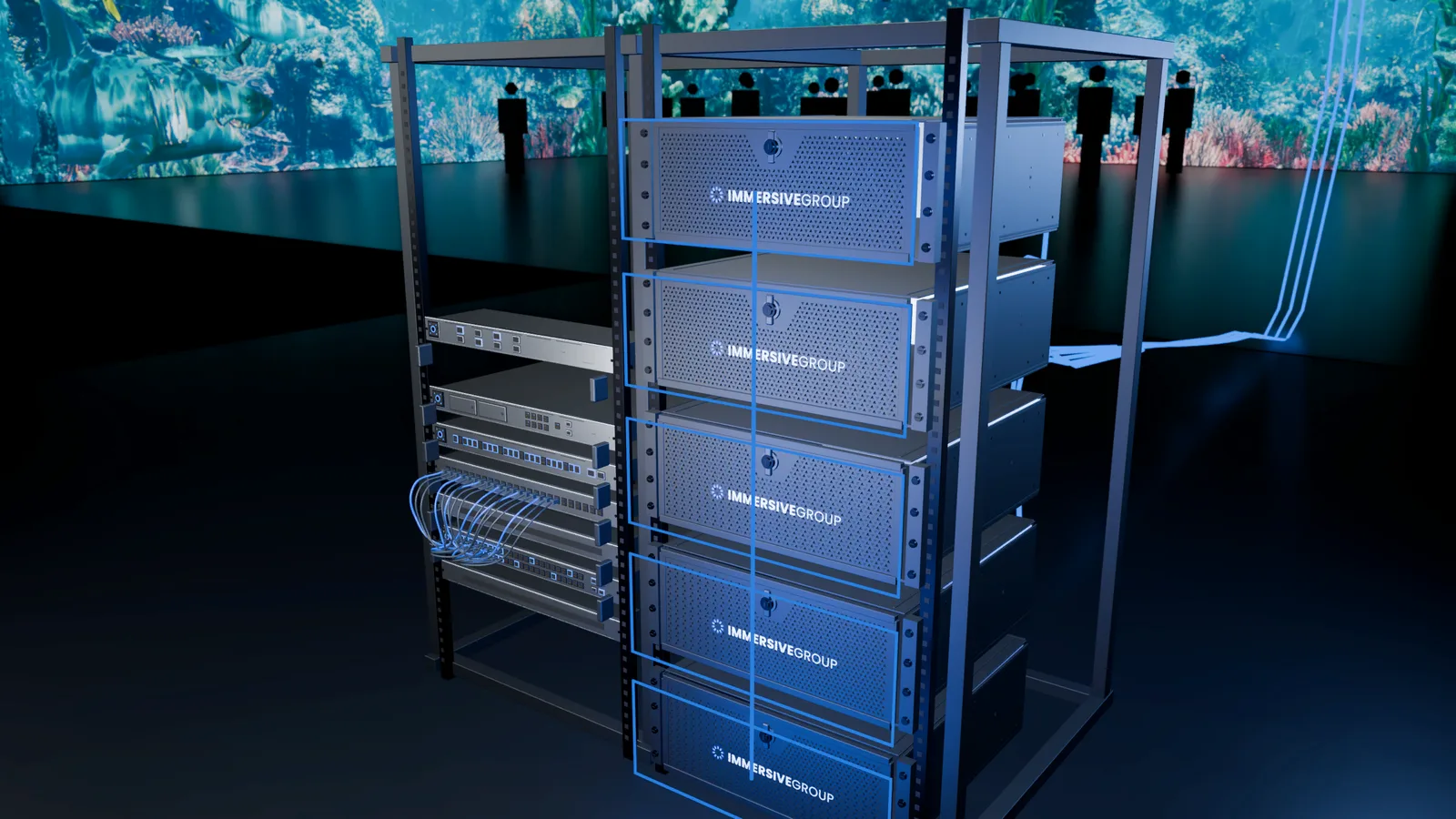 A rack of Immersivegroup servers with signal lines running out to the room around it.