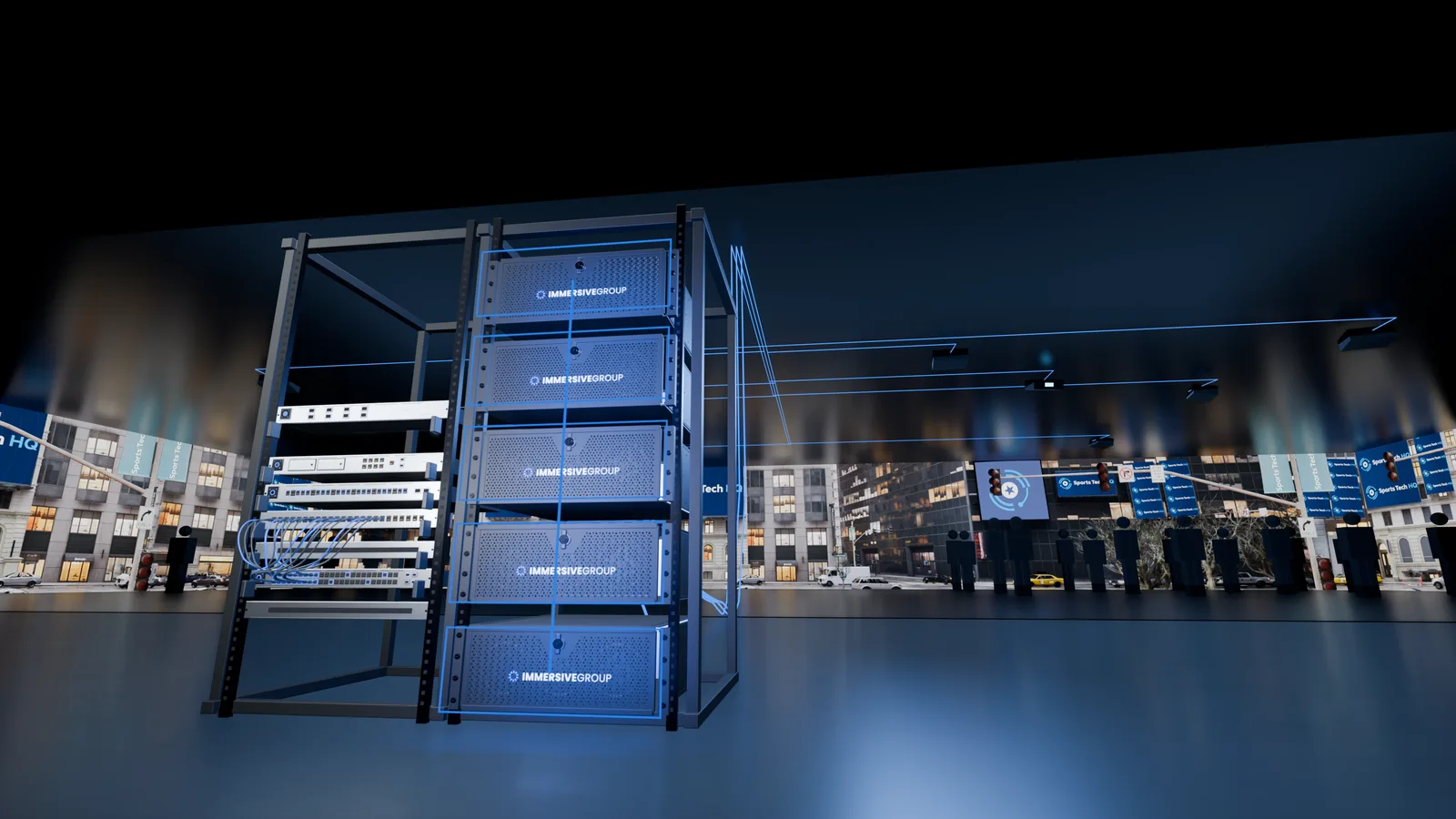 An Immersivegroup server rack in front of a room wrapped in projected content.