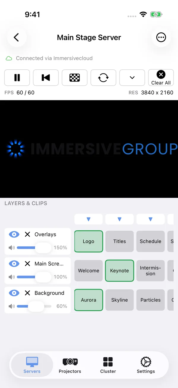 Immersiveserver Remote on iPhone, showing the clip grid and transport.