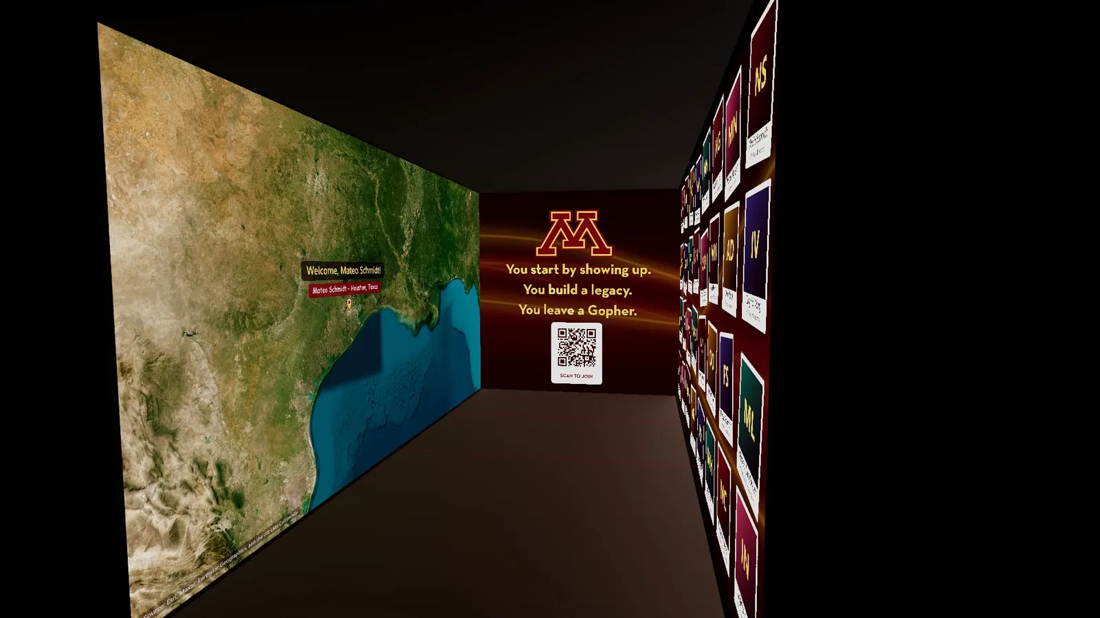 Pre-show render of the left wall zoomed in on a satellite map of Texas, with a pin marking a hometown.